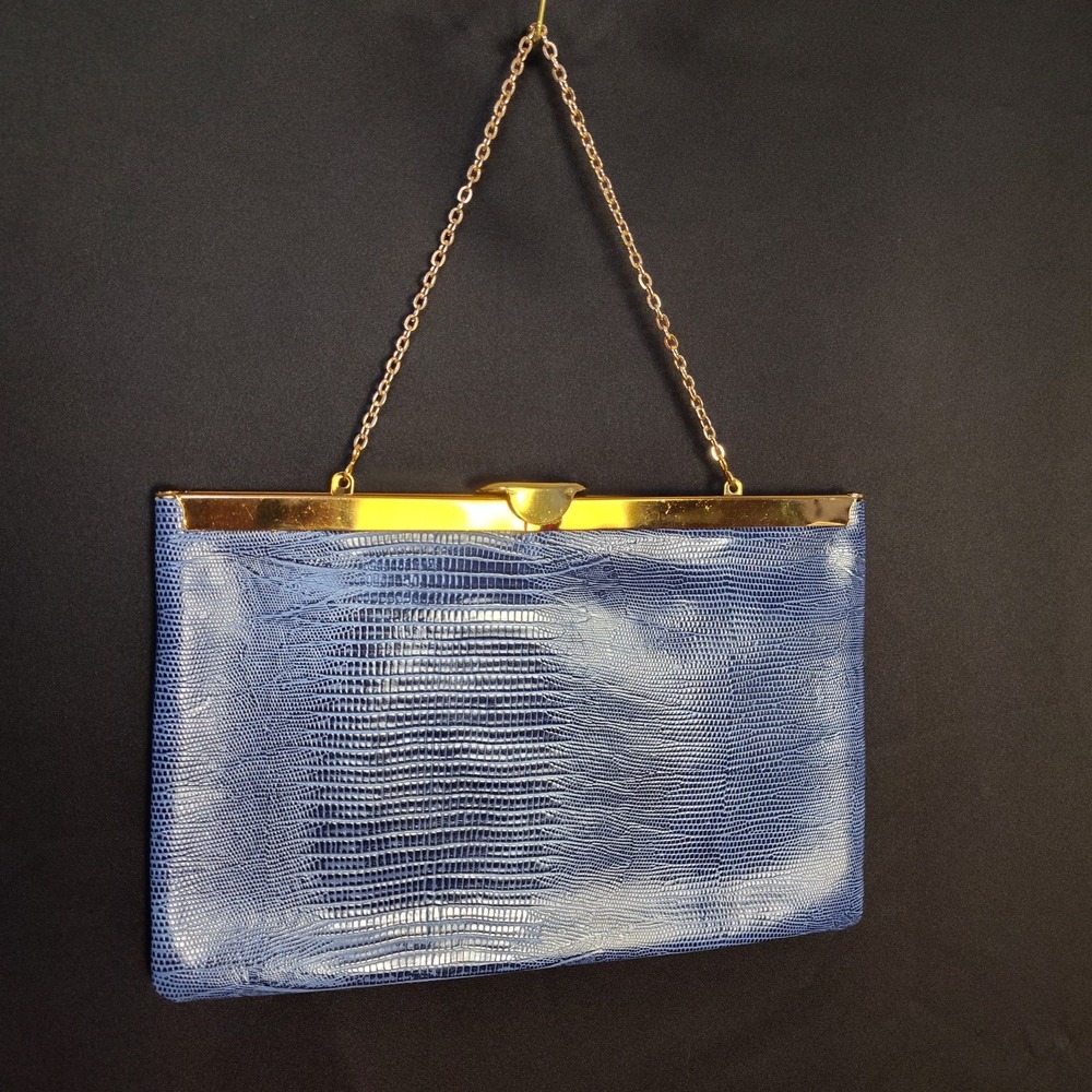 Etra purse blue leather clutch embossed snake? skin retro evening gold chain 50s
